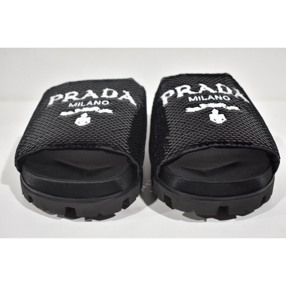 Prada Black Sequin White Logo Slide Sandal Slip On Pool Flip Flop Flat 37.5 - Picture 6 of 11